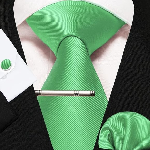 Mens 5 Piece Tie + Bow Tie + Pocket Square + Cufflinks + Clip Satin Lime Green - Picture 4 of 5